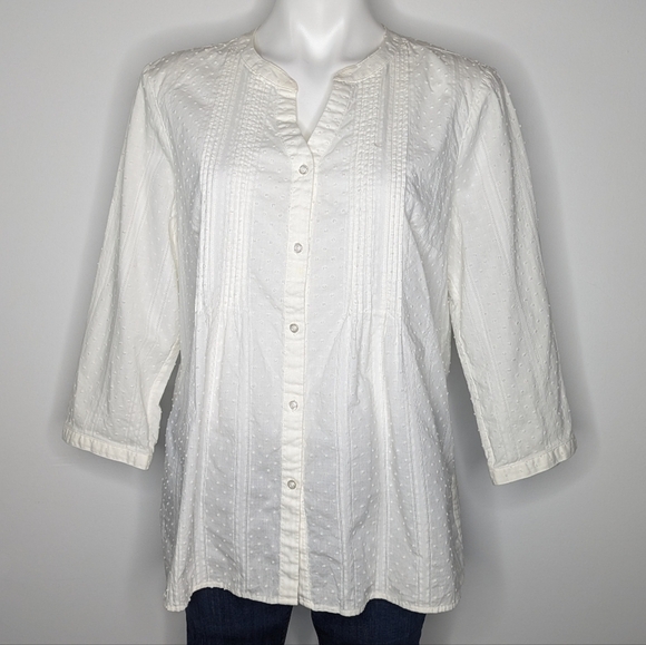 ✨3/$15 Talbots White 3/4 Sleeve Cotton Button Up L - Picture 1 of 10